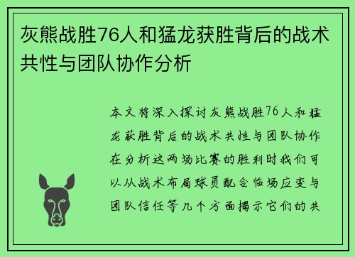 灰熊战胜76人和猛龙获胜背后的战术共性与团队协作分析
